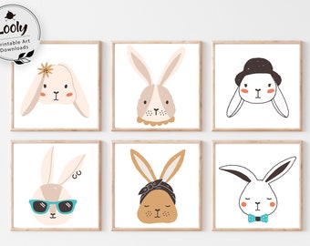 Watercolor Bunny Nursery Prints, Floral Rabbit Wall Art (Digital Download)