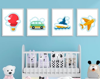 Set de láminas para habitación infantil con temática de transporte (descarga digital)