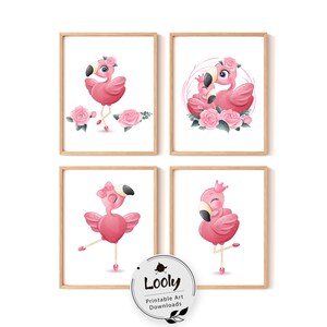 Impresión de vivero de flamencos, arte de la pared de flamencos, juego de impresiones de arte de flamencos de 3, conjunto de impresión de flamencos de acuarela, decoración de la pared del vivero de flamencos