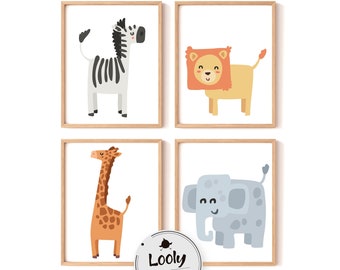 Safari Animal Print Set of 4, Jungle Animal Nursery Prints, Nursery Wall Art, Nursery Cartoon Print, Cute Animal Prints