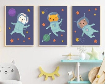 Stampe di animali astronauti per la cameretta dei bambini, set di 3 galassie spaziali (download digitale)