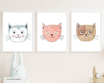 Cat Nursery Prints, Kitten Wall Art Set of 3 (Digital Download)