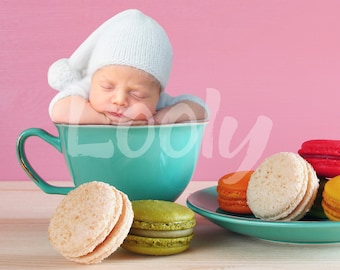 Newborn Baby Tea Cup Macarons Digital Backdrop (Digital Download)
