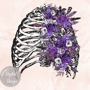 Chest Flowers Png, Floral Chest Sublimation Design, Purple Skull Flowers Chest Design, Rose Pink Chest Design Png, Skeleton Bones Flower png