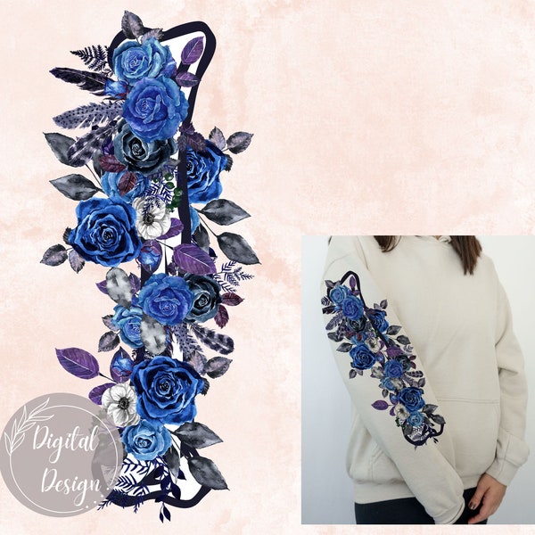 Sleeve Blue Flowers Png, Floral Sleeve Sublimation Design, Skull Flowers Arm Sleeve Design, Rose Sleeve Design Png,Skeleton Bones Flower png