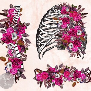 Bundle Skeleton Flowers Png, Pink Flowers Skull Sublimation Design, Sleeve Skull Flowers, Flower Spine Png, Chest Flower png, Bones Flower