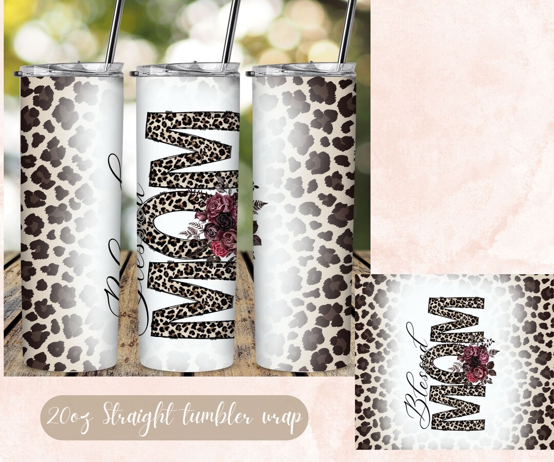 20oz Blessed Mom Skinny Tumbler Sublimation Designs, Leopard Tumbler ...
