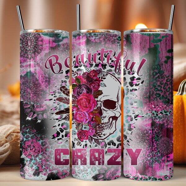 20oz Pink Beautiful Crazy Skull Skinny Tumbler Sublimation Designs, Western Tumbler Wrap - PNG Digital Download, Crazy Skull Tumbler Png.