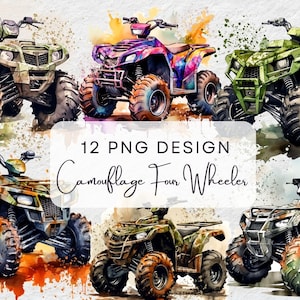 12 PNG Design Bundle Watercolor Camouflage Four Wheeler Png, ATV Sublimation png Bundle Clipart, 4-Wheeler png, Digital products.