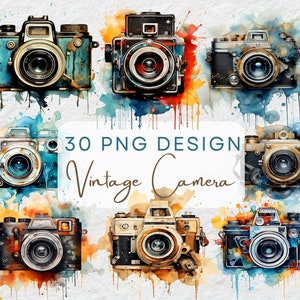May include: Watercolor-style illustration of vintage cameras in various colors, including blue, brown, and black. The image features the text "30 PNG DESIGN Vintage Camera" in a handwritten font, with colorful paint splatters in the background.