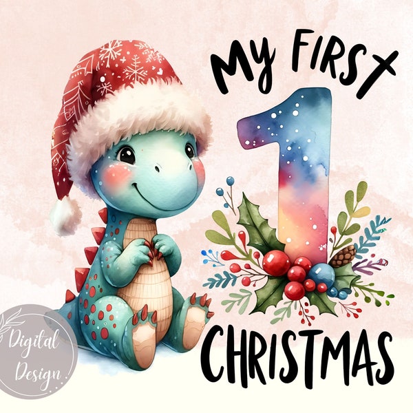 My First Christmas PNG, My 1st Cute Dinosaur Christmas, Digital Download, Baby Dinosaur Sublimation Design, Watercolor Dinosaur Png.