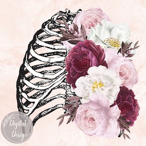 Chest Flowers Png, Floral Chest Sublimation Design, Skull Flowers Chest Design, Rose Chest Design Png, Ribcage Skeleton Bones Flower png