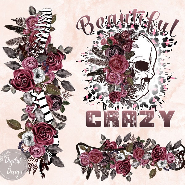 Bundle Beautiful Crazy Skull Png, Set Beautiful Crazy Skull Spine Sleeve Sublimation Design, Crazy Floral Skull Png,Spine Floral,Bone Sleeve