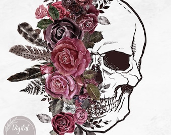 Calavera floral Png, Sublimación de calavera floral Png, Diseño de esqueleto floral, Clipart de calavera de flor, Calavera de flor Png, Sublimación de calavera de flor