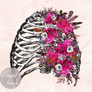 Chest Flowers Png, Floral Chest Sublimation Design, Skull Flowers Chest Design, Rose Pink Chest Design Png, Skeleton Bones Flower png