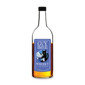 May include: A clear glass whisky bottle with a black cap. The label features the text "GUY & BRUCE" above an illustration of two cats, one white and one black, with the words "WHISKY CANADIEN" below.