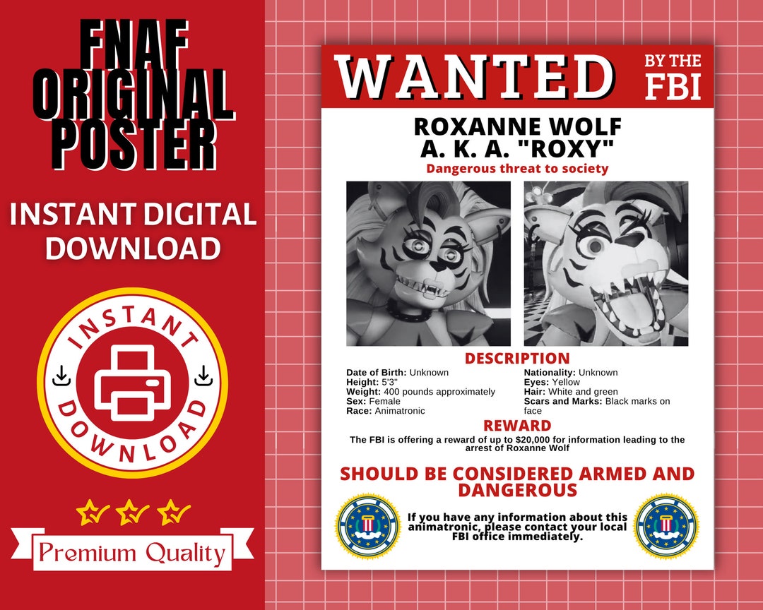 FNAF FBI Wanted Poster Roxy Security Breach Security Breech Etsy