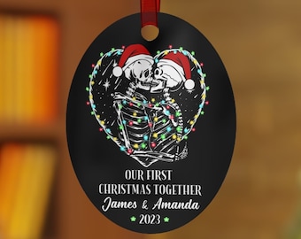 Personalized Our First Christmas Ornament, Gothic Romantic Skeleton Couple Ornament, Custom Newlywed Ornament, Wedding Gift, Wedding Decor