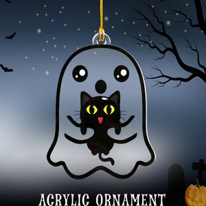 Cute Halloween Ghost Holding a Black Cat Ornament, Acrylic black cat ghost ornament, Halloween Cat Themed Gift, Gift for Cat Lovers