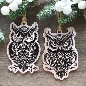 Woodland Owl Ornaments set of 2, Beautiful Wood Printed Owl Gifts, Owl Art Decoration and Home Decor, Bird and Nature Lover Gift for home