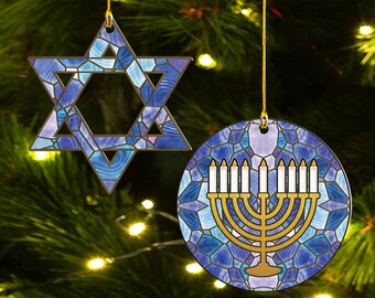 Hanukkah Ornaments set of 2, Hanukkah Gift, Happy Hanukkah, Hanukkah Decor, Acrylic Menorah and Star of David for Hanukkah Tree or Bush