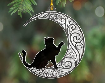 Black Cat Sitting on Crescent Moon Acrylic Ornament, Cat themed gift for cat lovers, Christmas or Halloween Ornament for Tree, Cat Memorial