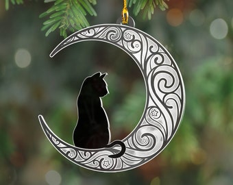 Black Cat Sitting on Crescent Moon Acrylic Ornament, Cat themed gift for cat lovers, Christmas or Halloween Ornament for Tree, Cat Memorial