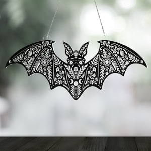 Halloween Bat Window Ornament, Bat Decor, Bat Gifts, Acrylic Bat Ornament, Gothic Decor, Gothic Home Decor, Witchy Gifts, Boho Floral Bat
