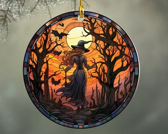Halloween Witch Acrylic Ornament, Spooky Christmas Goth Decor, Witchy Gifts, Gothic Home décor and Halloween Decoration, Witch with Bats