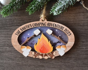 Personalized Campfire S'mores Ornament, Custom Camper gift, Great Outdoors Camping Christmas Ornament, Outdoors Vacation Keepsake