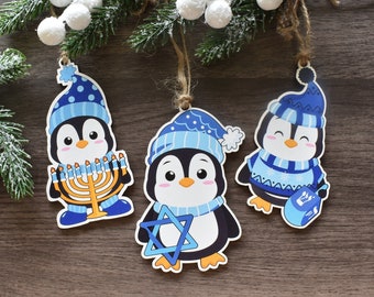 Adorable Hanukkah Penguins Ornament,  Hanukkah Gift-Set of 3 Custom Shape wood Ornaments, Home decor for Jewish family, Ornaments for kids