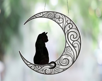 Cat Sitting on Moon Window Ornament, Acrylic Window Ornament and decoration, Black cat home decor, gift for cat lovers, Cat memorial gift