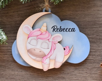 Personalized Unicorn Christmas Ornament, Baby's 1st Christmas, 3D Wood 2 layer Ornament, Beautiful pink and purple Unicorn Gift for Girls