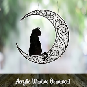 Cat Sitting on Moon Window Ornament, Acrylic Window Ornament and decoration, Black cat home decor, gift for cat lovers, Cat memorial gift