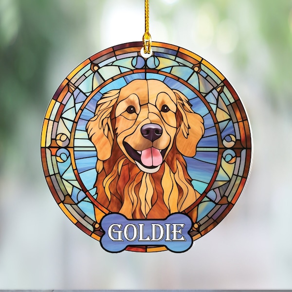 Personalized Golden Retriever Ornament, Golden Retriever gift for Dog Lovers and Pet Moms & Dads, Acrylic Faux Stained Glass