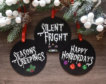 Spooky Creepmas Christmas Ornaments set of 3, Scary Gothic Christmas Decorations, Halloween or Christmas Tree Decor, Dark Academia Gifts