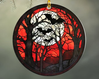 Spooky Bats in Full Moon Ornament, Acrylic Haunted Forest Goth Christmas Ornament, Bat Decor Gift, Halloween Faux Stained Glass