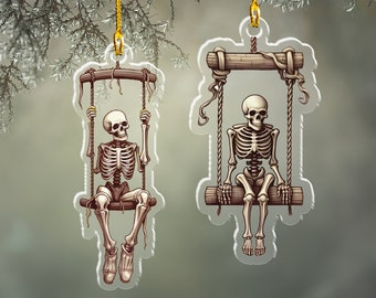 Spooky Skeletons on Swing Acrylic Halloween Mini Ornaments, Set of 2, Gothic Halloween Christmas Home Decor