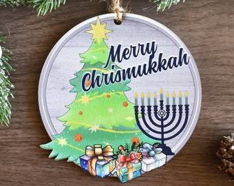 Happy Hanukkah Merry Christmas Custom shape wood Ornament, Merry Chrismukkah Jewish and Christian Family Gift, Christmas Tree Decor