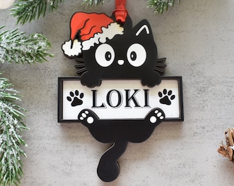 Personalized 3D Wood Black Cat Christmas Ornament, Funny Cat Themed Gift, Custom Cat Lover Gift for Cat Mom or Dad