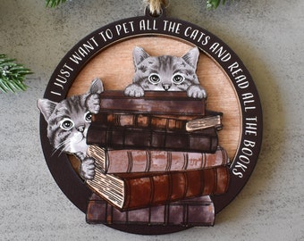 Book Ornament and Cat Lover Gift: Whimsical 2-Layer Wood Bookish Christmas Ornament, Book Worms, Book Lovers and people who love reading 3D