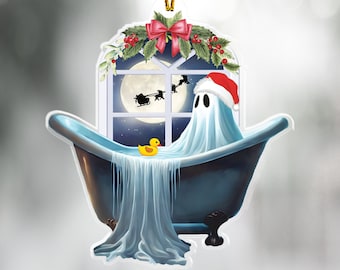 Ghost in Bathtub Christmas Themed Ornament, Acrylic Goth Spooky Christmas Gift, Merry Creepmas, Whimisigoth, Macabre decor