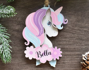 Personalized Unicorn Christmas Ornament, 3D Wood 2 layer Ornament, Beautiful pink and purple Unicorn Gift for Girls