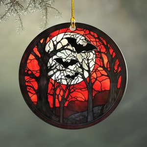 Spooky Bats in Full Moon Ornament, Acrylic Haunted Forest Goth Christmas Ornament, Bat Decor Gift, Halloween Faux Stained Glass image 1