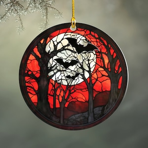 Spooky Bats in Full Moon Ornament, Acrylic Haunted Forest Goth Christmas Ornament, Bat Decor Gift, Halloween Faux Stained Glass image 1