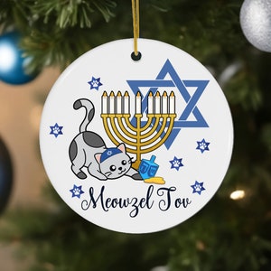 Hanukkah ornament, Meowzel Tov, Hanukkah Decor, Hanukkah Gift for Cat Lovers, Adorable Ceramic Cat Ornament, Gift for Jewish family