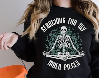 Funny Halloween Skeleton Sweatshirt, Skeleton Yoga Shirt, Halloween Gift, Halloween Crewneck, Meditation Shirt, Inner Peace Yoga Shirt