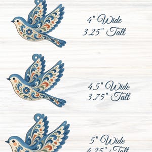 K&ouml;nnte beinhalten: Drei blaue Vogelornamente mit komplexen Blumenmustern in Blau, Orange und Creme. Der Text lautet Choose Your Size mit den Ma&szlig;en: 10,16 cm breit und 8,26 cm hoch, 11,43 cm breit und 9,53 cm hoch sowie 12,7 cm breit und 10,8 cm hoch.