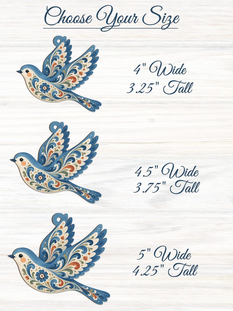 K&ouml;nnte beinhalten: Drei blaue Vogelornamente mit komplexen Blumenmustern in Blau, Orange und Creme. Der Text lautet Choose Your Size mit den Ma&szlig;en: 10,16 cm breit und 8,26 cm hoch, 11,43 cm breit und 9,53 cm hoch sowie 12,7 cm breit und 10,8 cm hoch.
