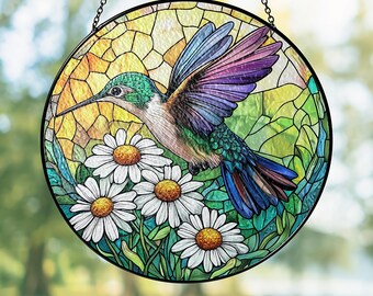 Hummingbird with Daisies Glass Suncatcher, Hummingbird Window Ornament, Bird Lovers Gift, Memorial Ornament, Garden Decor, Birdwatching Gift